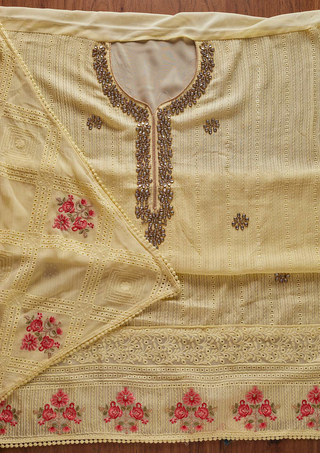 Lemon Yellow Stonework Georgette Designer Unstitched Salwar Suit - koskii