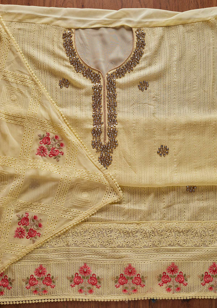 Lemon Yellow Stonework Georgette Designer Unstitched Salwar Suit - koskii