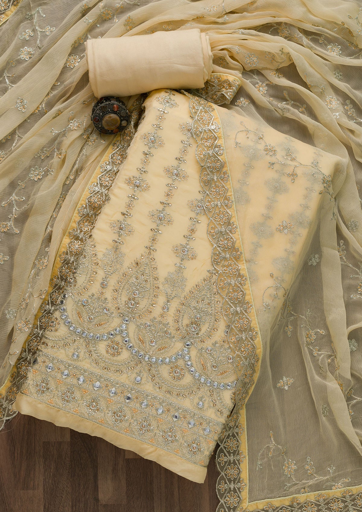 Lemon Yellow Stonework Semi Crepe Unstitched Salwar Suit-Koskii