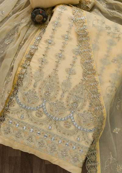 Lemon Yellow Stonework Semi Crepe Unstitched Salwar Suit-Koskii