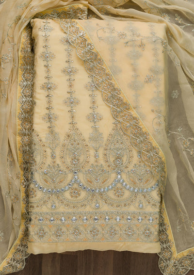Lemon Yellow Stonework Semi Crepe Unstitched Salwar Suit-Koskii