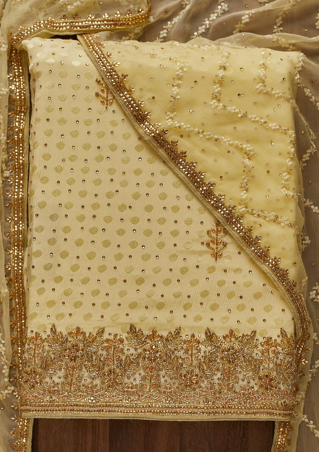 Lemon Yellow Stonework Semi Crepe Designer Unstitched Salwar Suit - Koskii