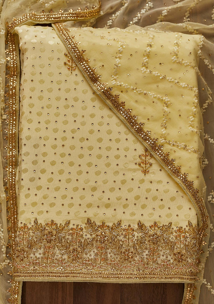 Lemon Yellow Stonework Semi Crepe Designer Unstitched Salwar Suit - Koskii