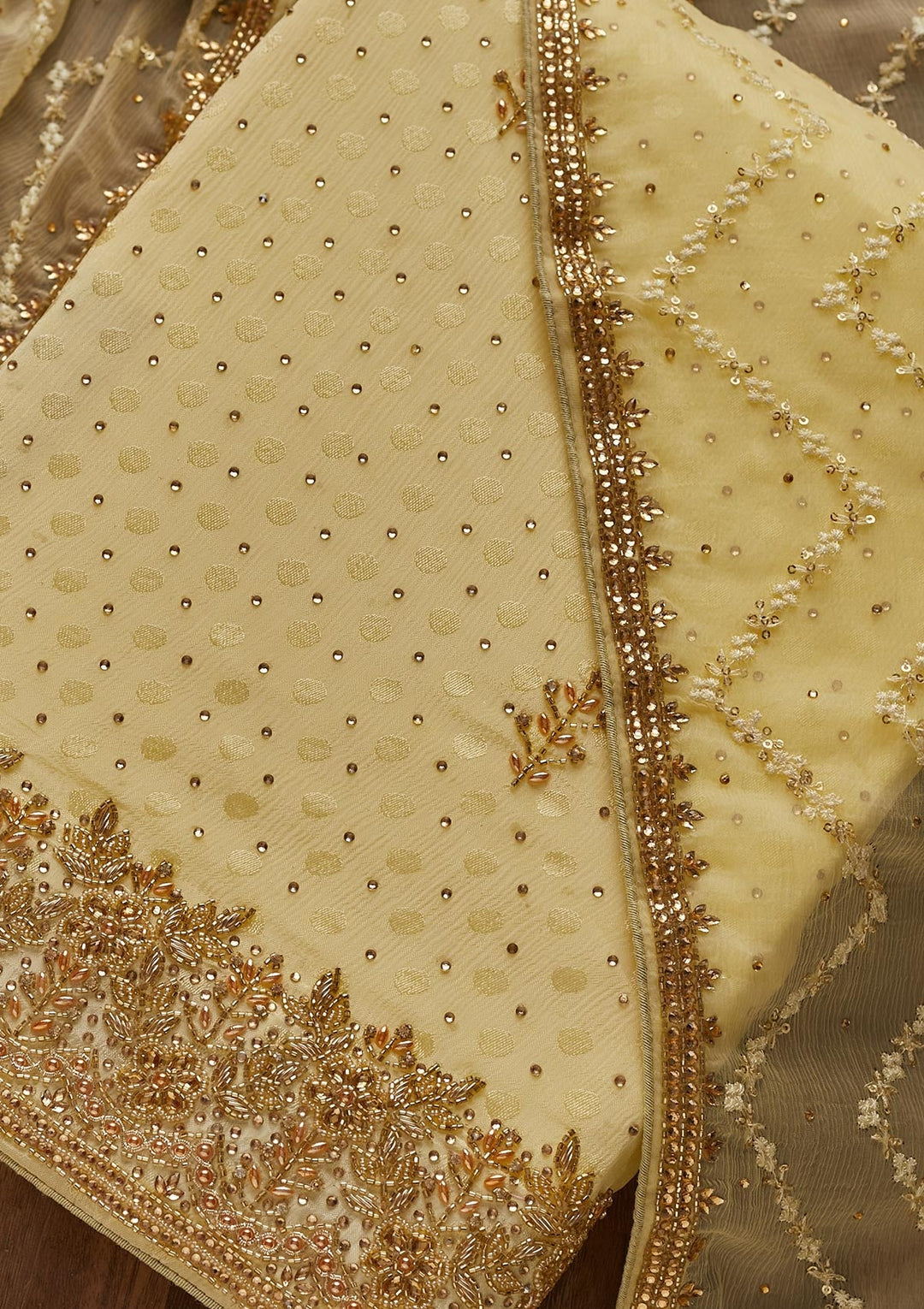 Lemon Yellow Stonework Semi Crepe Designer Unstitched Salwar Suit - Koskii