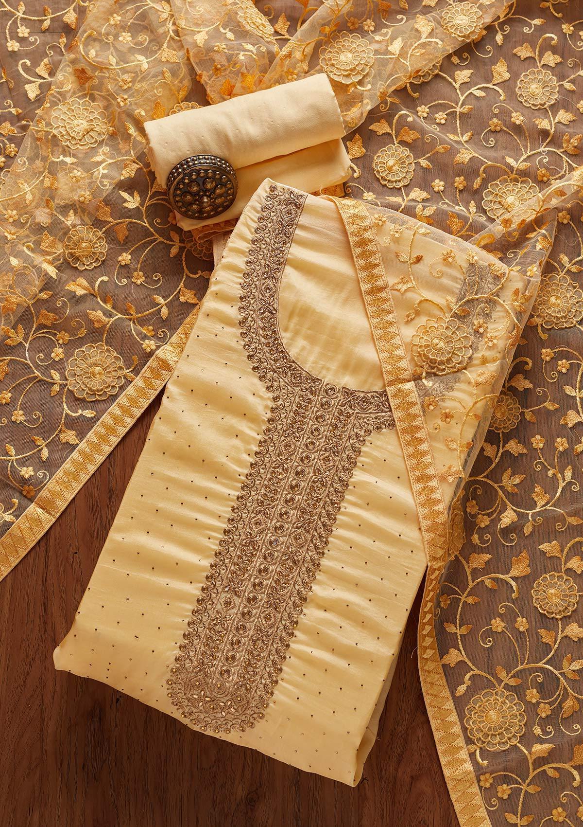 Lemon Yellow Swarovski Georgette Designer Unstitched Salwar Suit - koskii