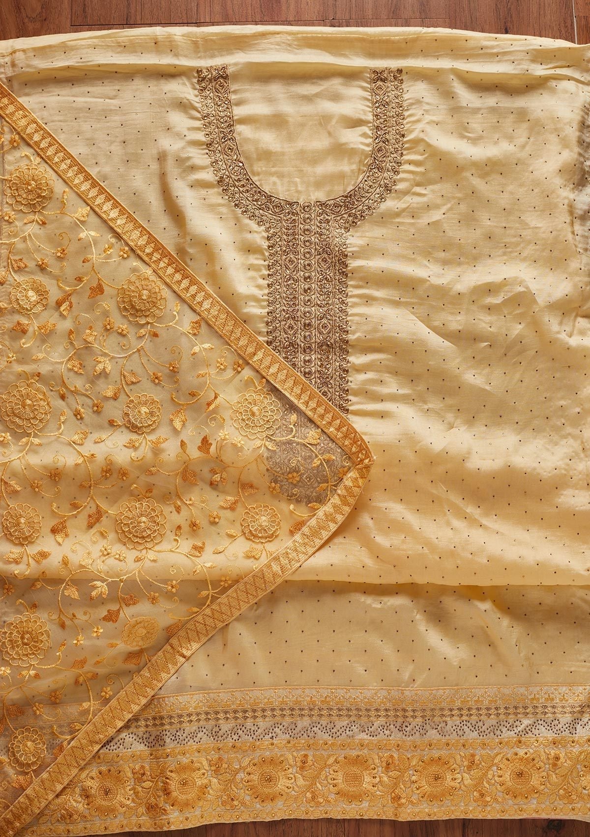 Lemon Yellow Swarovski Georgette Designer Unstitched Salwar Suit - koskii