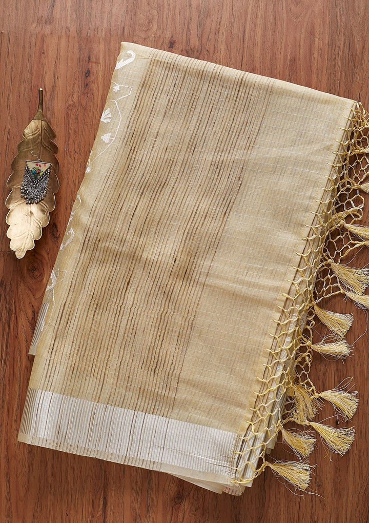 Lemon Yellow Threadwork Art Silk Designer Saree - koskii