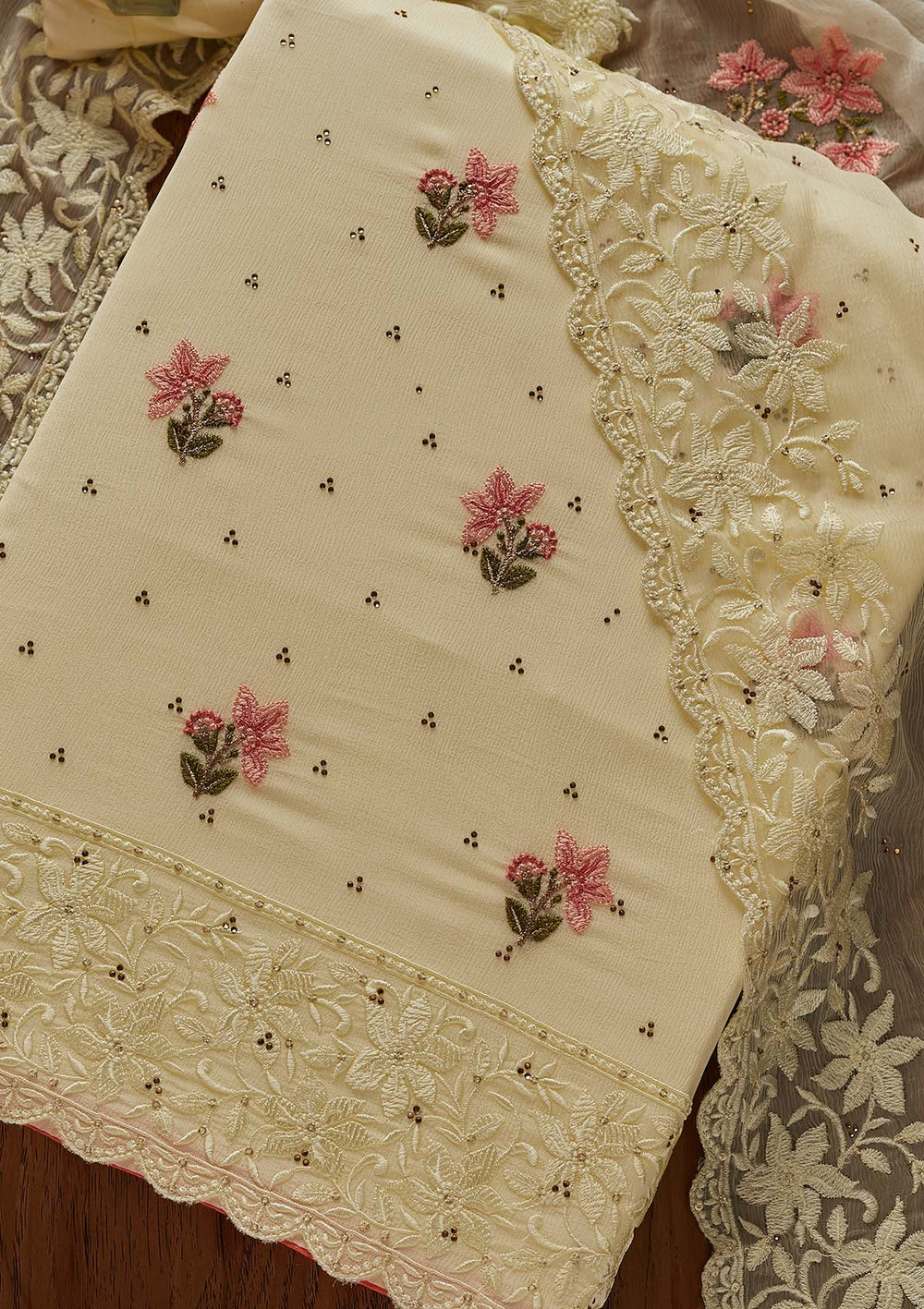 Lemon Yellow Threadwork Chiffon Designer Unstitched Salwar Suit - Koskii