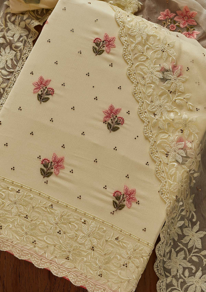 Lemon Yellow Threadwork Chiffon Designer Unstitched Salwar Suit - Koskii