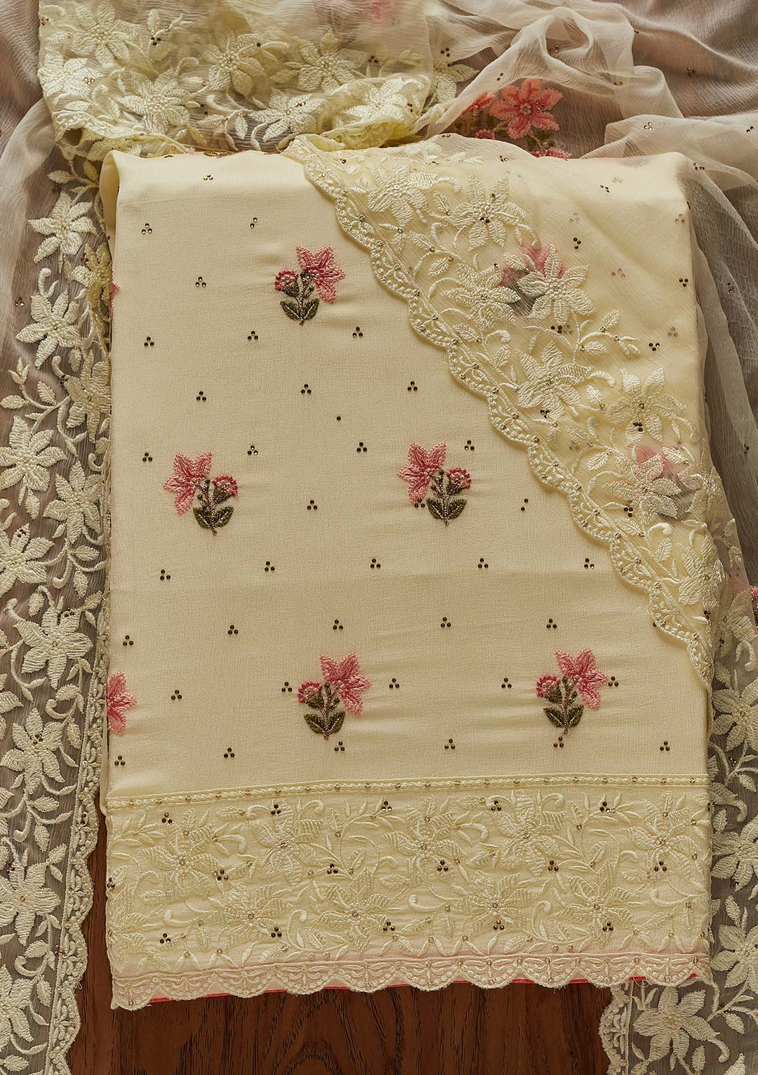Lemon Yellow Threadwork Chiffon Designer Unstitched Salwar Suit - Koskii