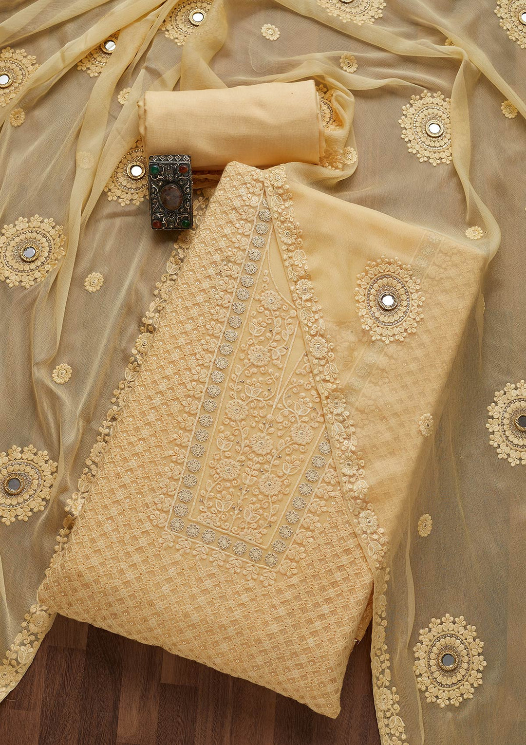 Lemon Yellow Threadwork Chiffon Unstitched Salwar Suit-Koskii