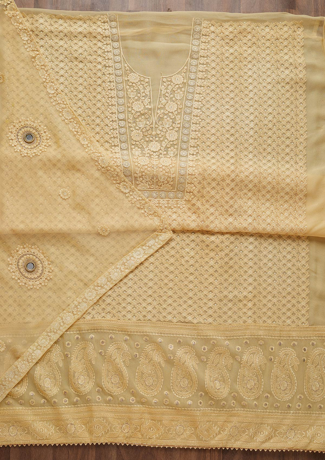 Lemon Yellow Threadwork Chiffon Unstitched Salwar Suit-Koskii