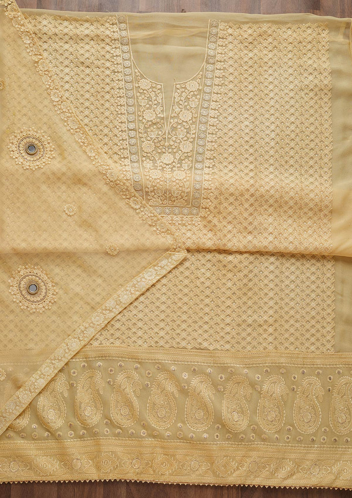 Lemon Yellow Threadwork Chiffon Unstitched Salwar Suit-Koskii