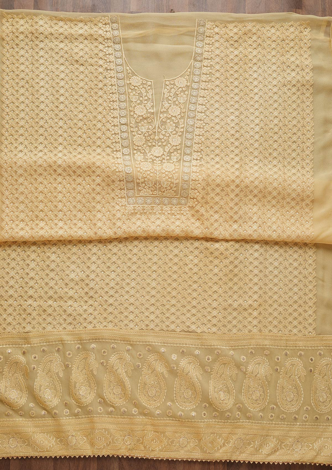 Lemon Yellow Threadwork Chiffon Unstitched Salwar Suit-Koskii