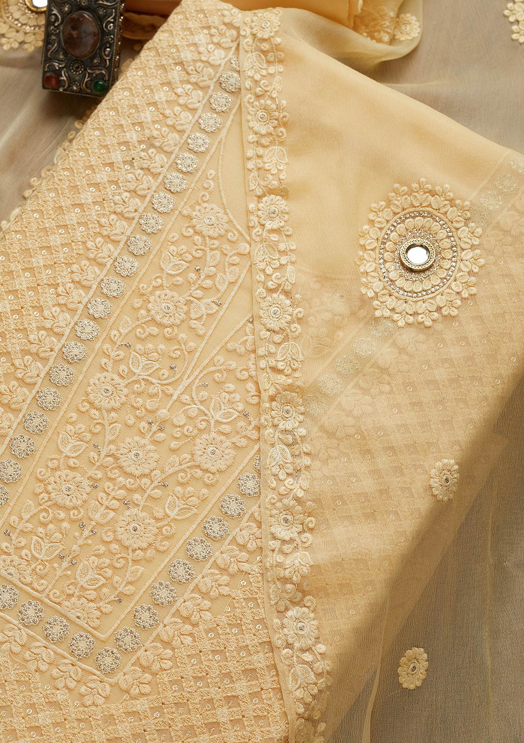 Lemon Yellow Threadwork Chiffon Unstitched Salwar Suit-Koskii