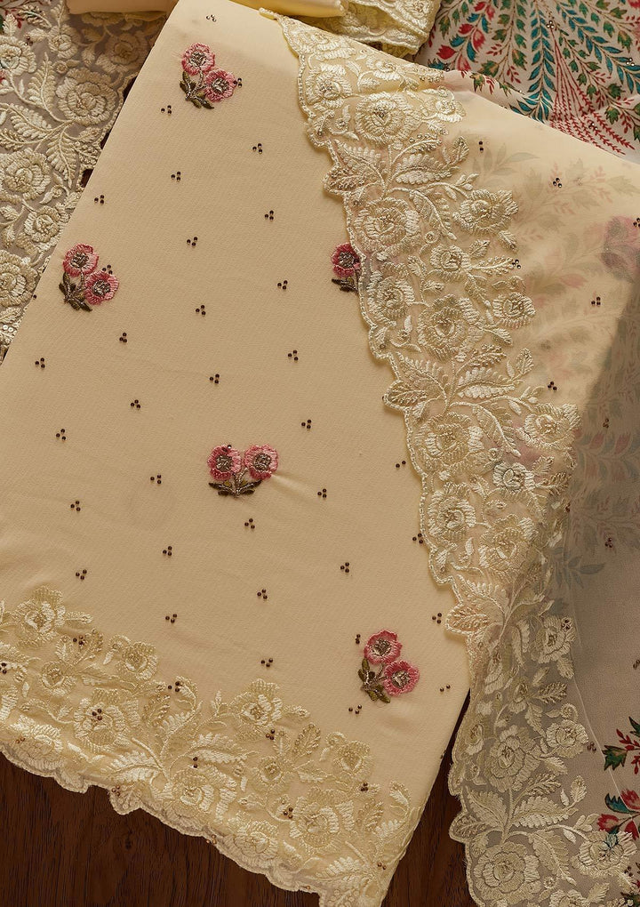 Lemon Yellow Threadwork Georgette Designer Unstitched Salwar Suit - koskii