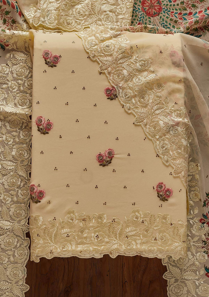 Lemon Yellow Threadwork Georgette Designer Unstitched Salwar Suit - koskii