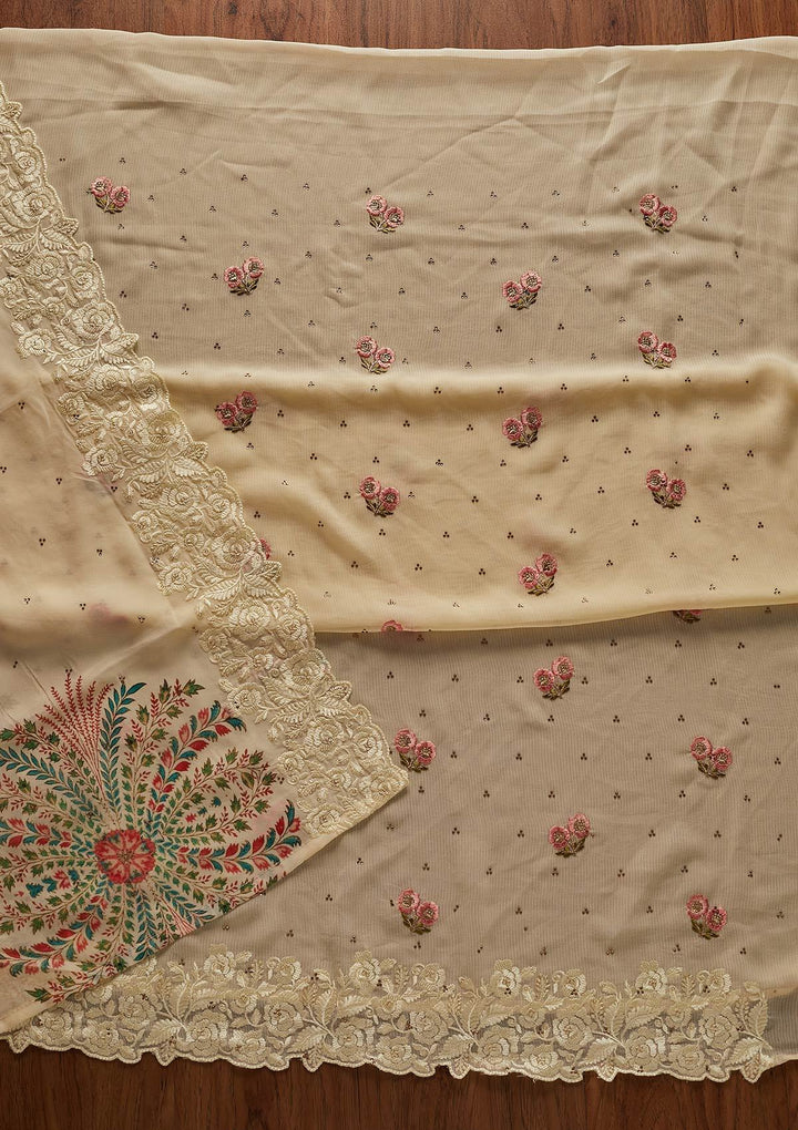 Lemon Yellow Threadwork Georgette Designer Unstitched Salwar Suit - koskii
