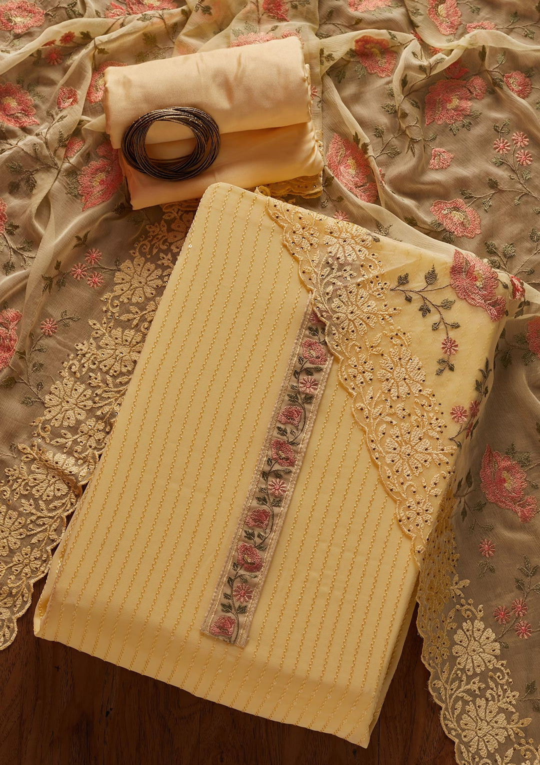 Lemon Yellow Threadwork Georgette Designer Unstitched Salwar Suit - koskii