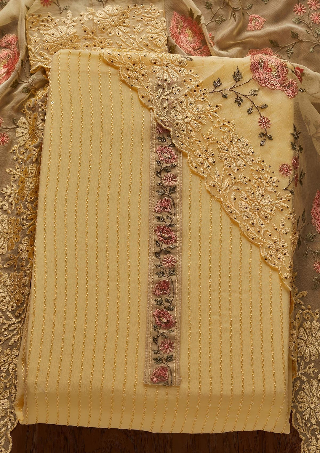 Lemon Yellow Threadwork Georgette Designer Unstitched Salwar Suit - koskii