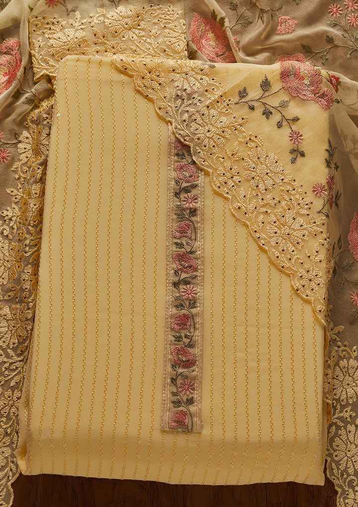 Lemon Yellow Threadwork Georgette Designer Unstitched Salwar Suit - koskii