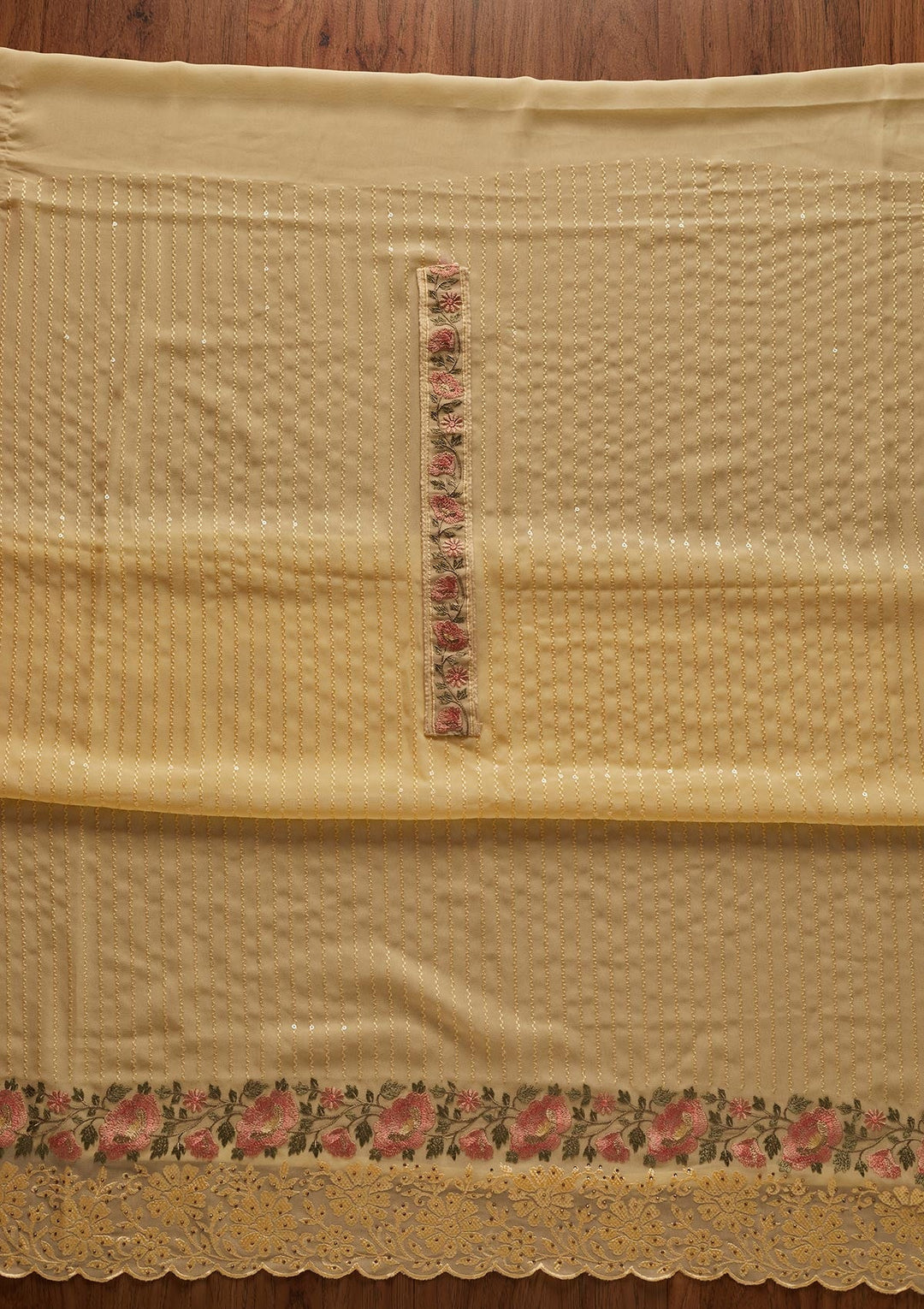 Lemon Yellow Threadwork Georgette Designer Unstitched Salwar Suit - koskii