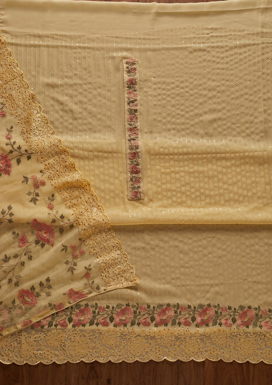 Lemon Yellow Threadwork Georgette Designer Unstitched Salwar Suit - koskii
