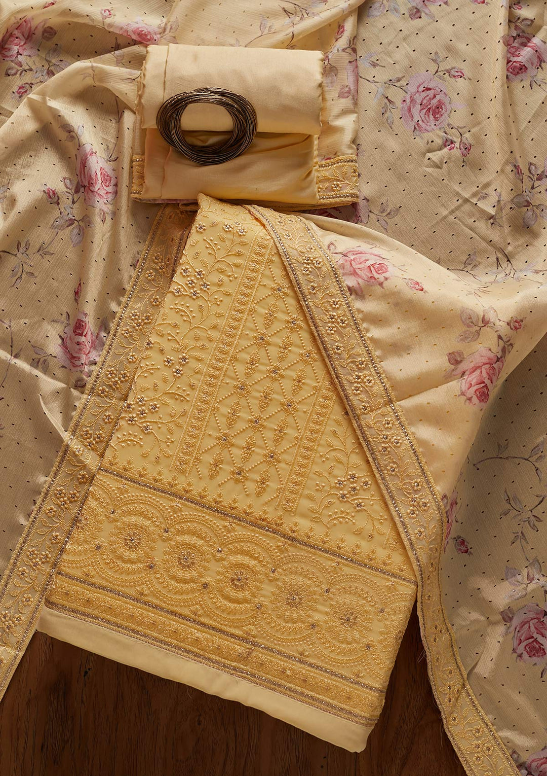 Lemon Yellow Threadwork Georgette Designer Unstitched Salwar Suit - koskii