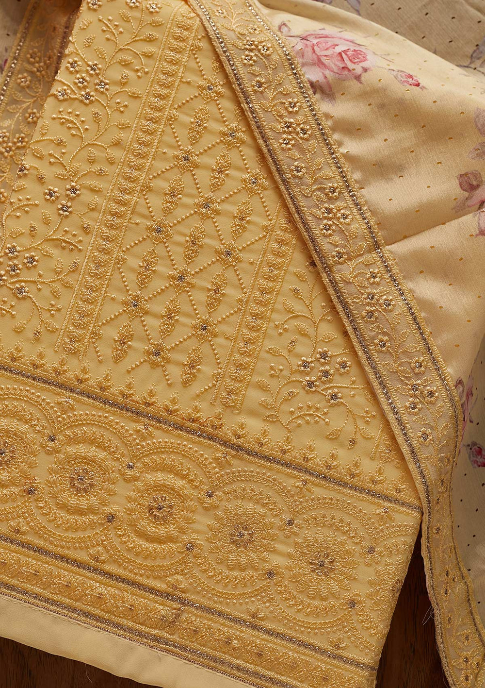 Lemon Yellow Threadwork Georgette Designer Unstitched Salwar Suit - koskii
