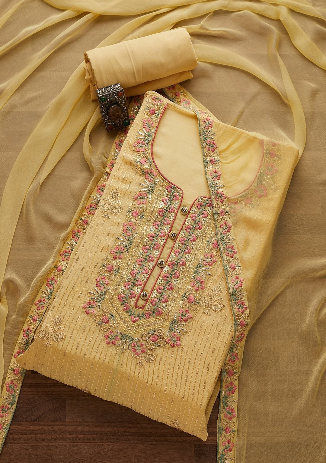 Lemon Yellow Threadwork Georgette Designer Unstitched Salwar Suit - Koskii