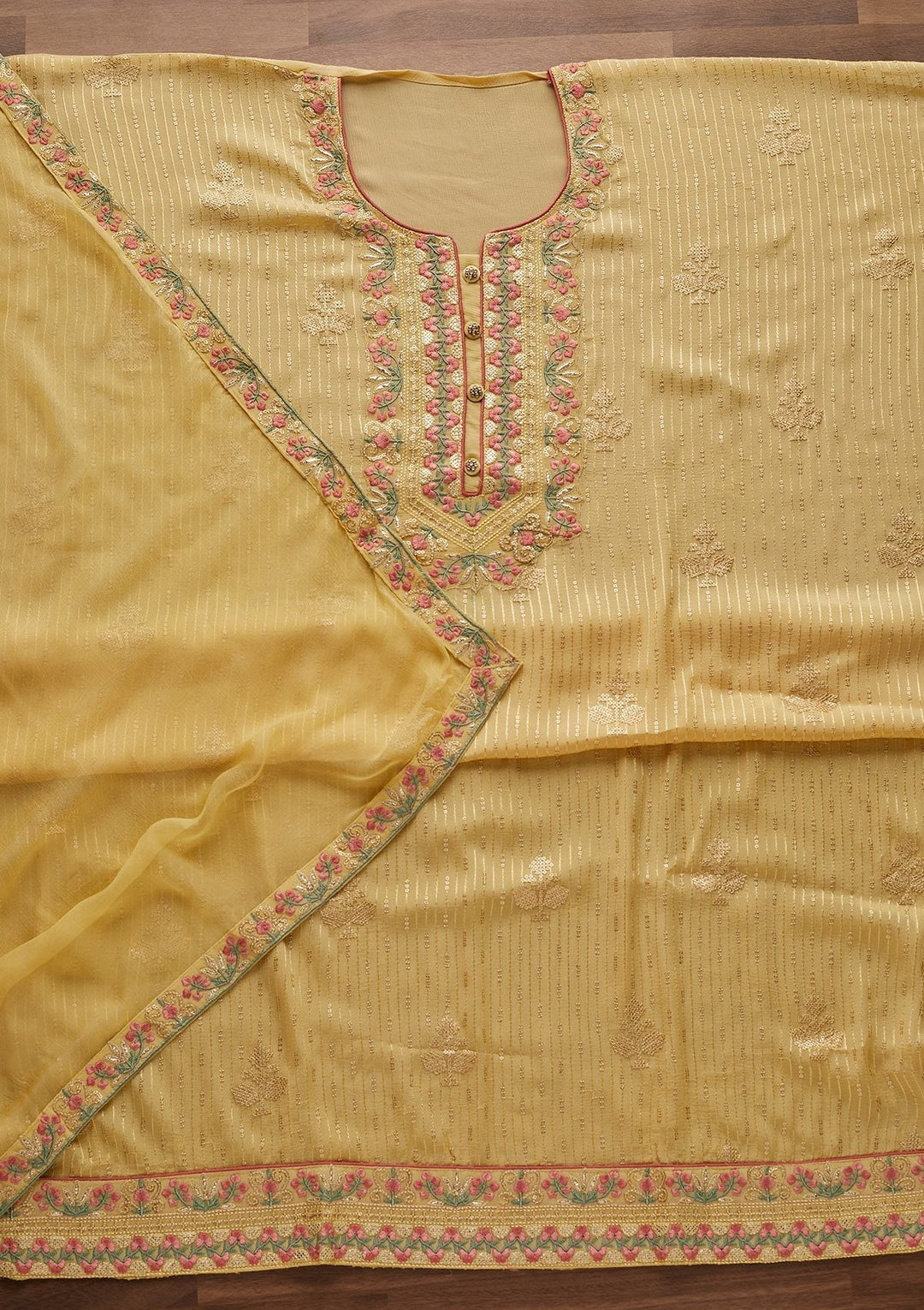 Lemon Yellow Threadwork Georgette Designer Unstitched Salwar Suit - Koskii