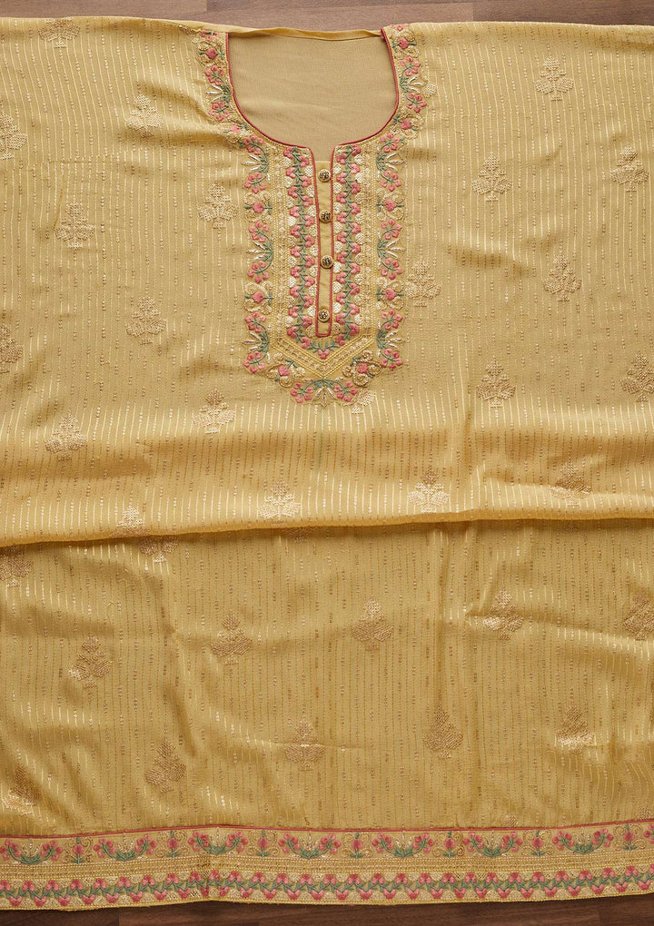 Lemon Yellow Threadwork Georgette Designer Unstitched Salwar Suit - Koskii