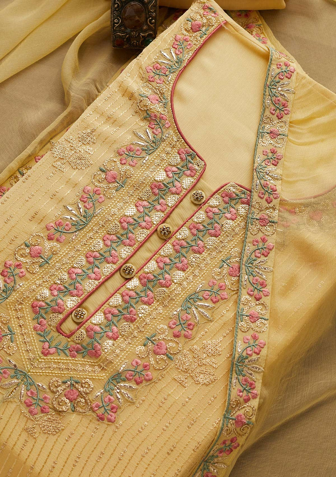 Lemon Yellow Threadwork Georgette Designer Unstitched Salwar Suit - Koskii
