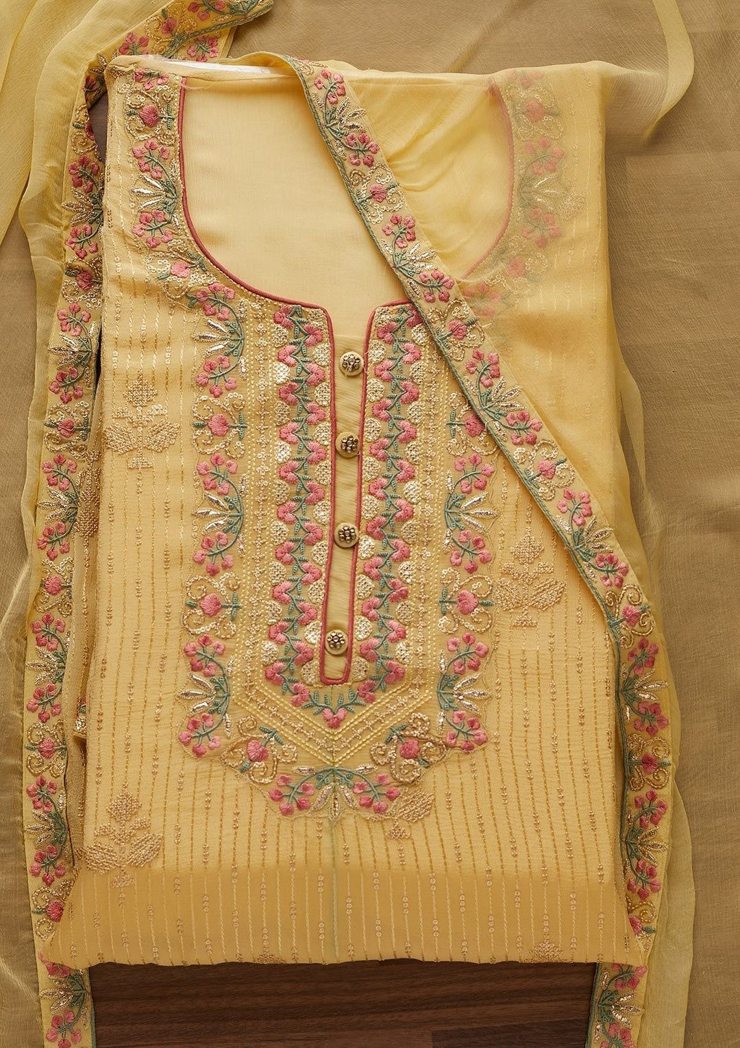 Lemon Yellow Threadwork Georgette Designer Unstitched Salwar Suit - Koskii