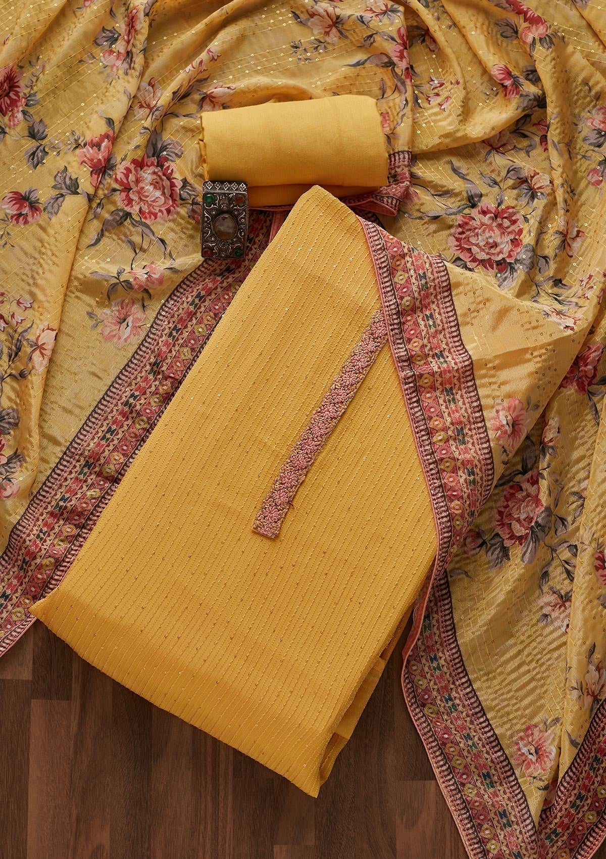 Lemon Yellow Threadwork Georgette Designer Unstitched Salwar Suit - Koskii