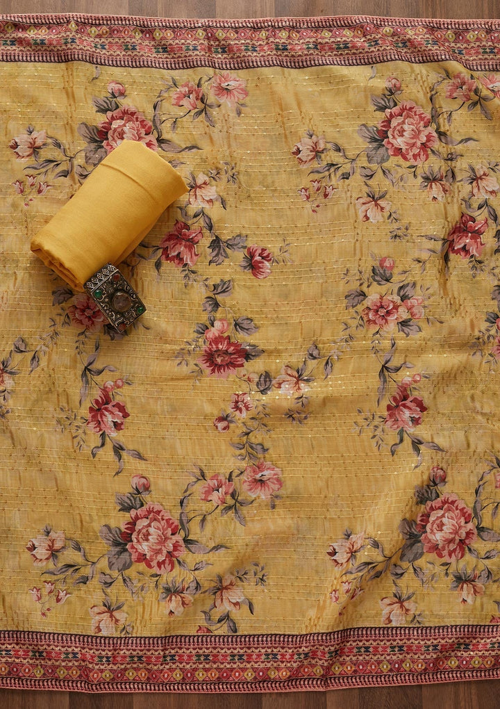 Lemon Yellow Threadwork Georgette Designer Unstitched Salwar Suit - Koskii