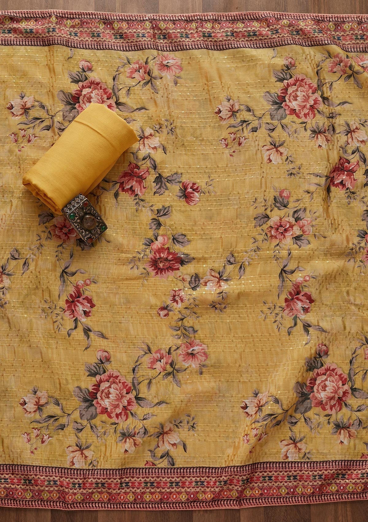 Lemon Yellow Threadwork Georgette Designer Unstitched Salwar Suit - Koskii