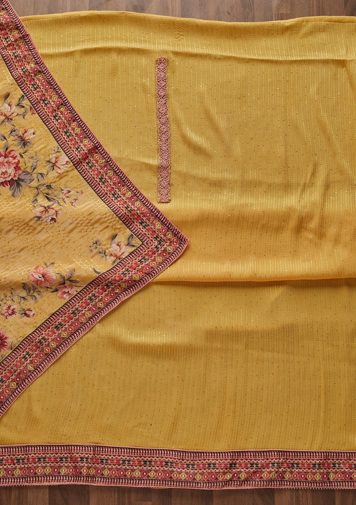 Lemon Yellow Threadwork Georgette Designer Unstitched Salwar Suit - Koskii