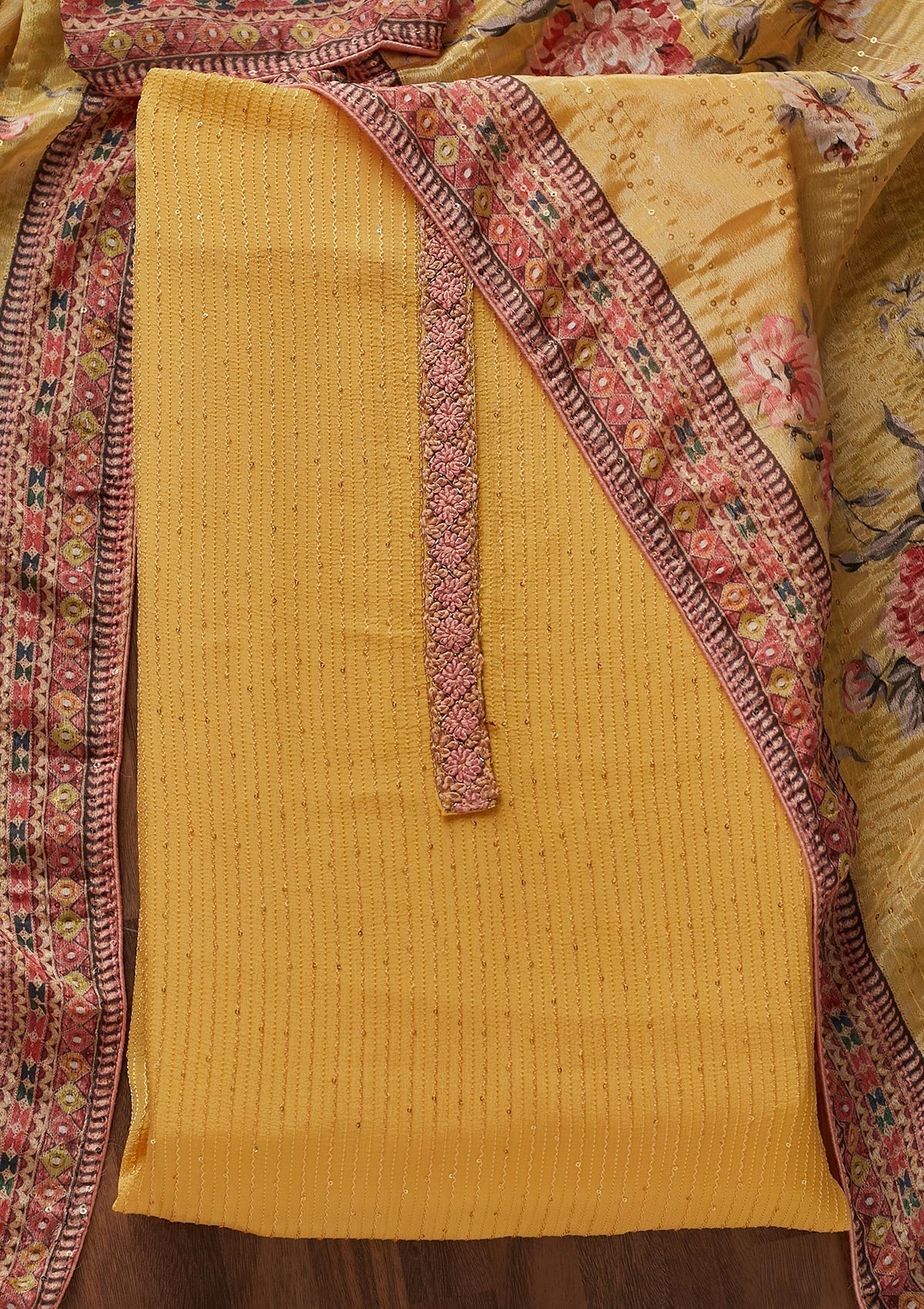 Lemon Yellow Threadwork Georgette Designer Unstitched Salwar Suit - Koskii