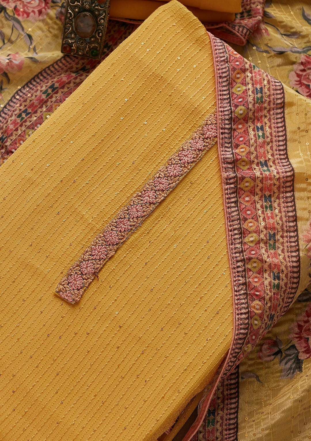 Lemon Yellow Threadwork Georgette Designer Unstitched Salwar Suit - Koskii