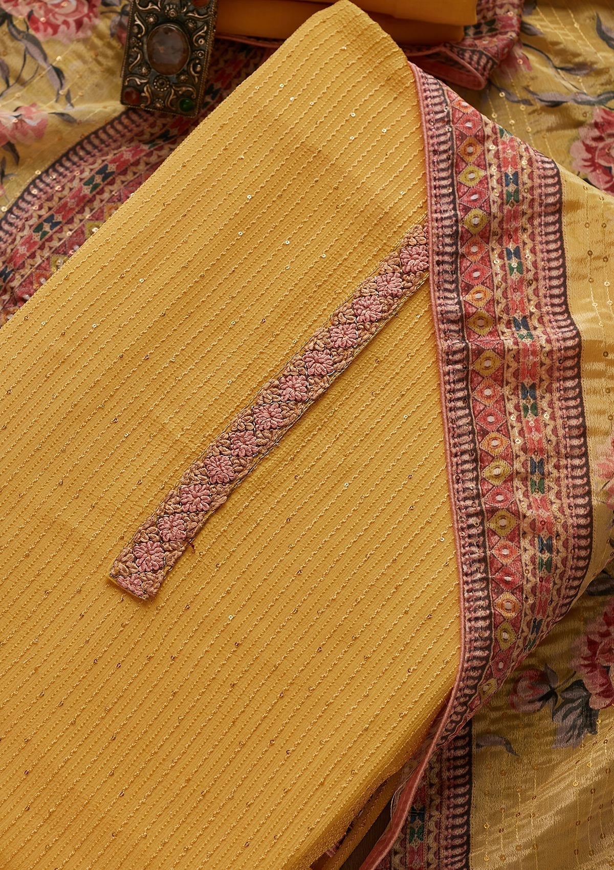 Lemon Yellow Threadwork Georgette Designer Unstitched Salwar Suit - Koskii