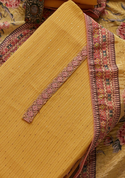 Lemon Yellow Threadwork Georgette Designer Unstitched Salwar Suit - Koskii