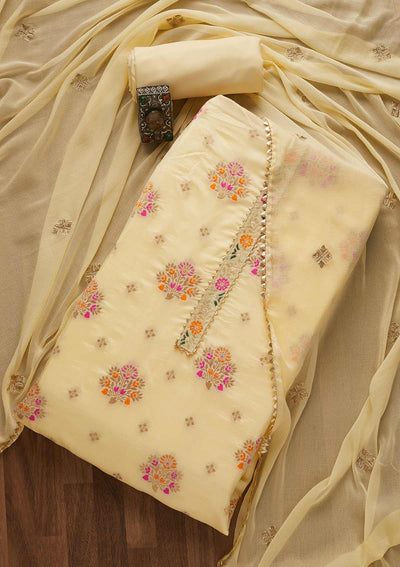Lemon Yellow Threadwork Georgette Unstitched Salwar Suit-Koskii