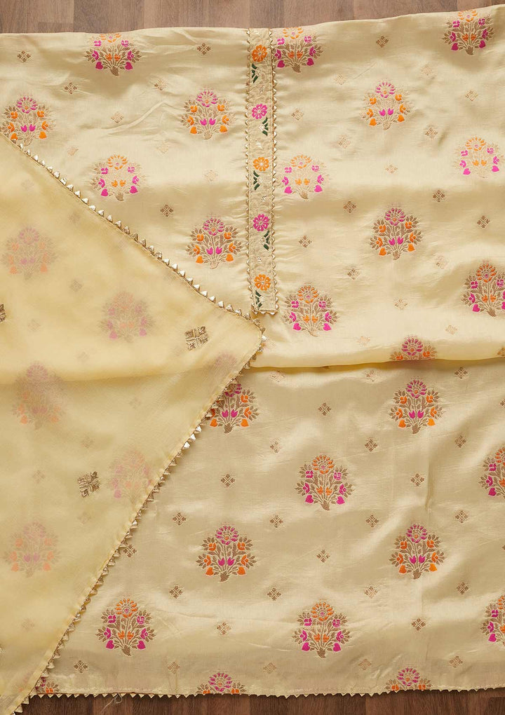 Lemon Yellow Threadwork Georgette Unstitched Salwar Suit-Koskii