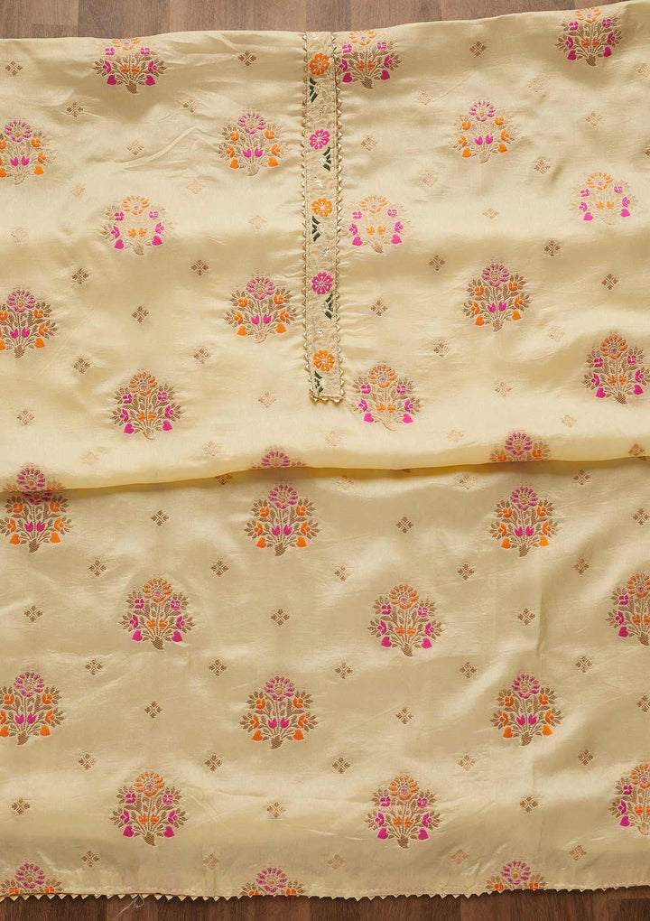 Lemon Yellow Threadwork Georgette Unstitched Salwar Suit-Koskii