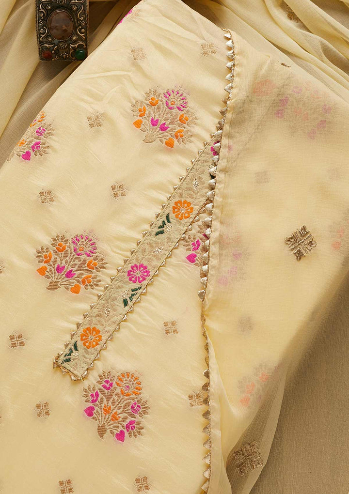 Lemon Yellow Threadwork Georgette Unstitched Salwar Suit-Koskii