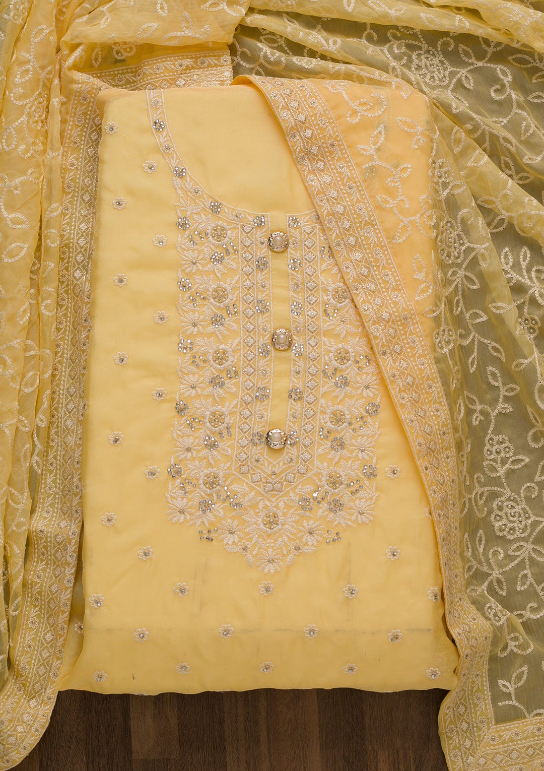 Lemon Yellow Threadwork Georgette Unstitched Salwar Suit-Koskii