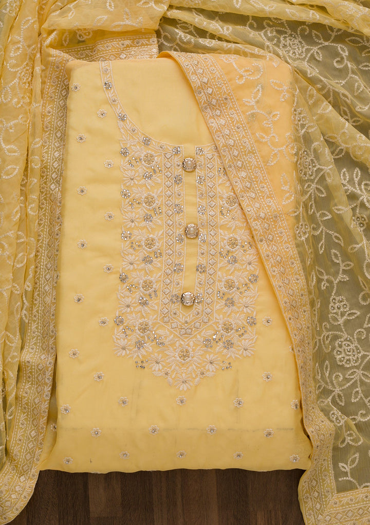 Lemon Yellow Threadwork Georgette Unstitched Salwar Suit-Koskii
