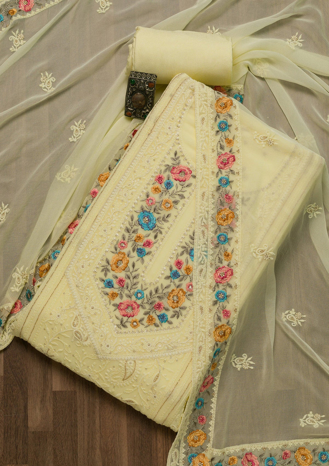 Lemon Yellow Threadwork Georgette Unstitched Salwar Suit-Koskii