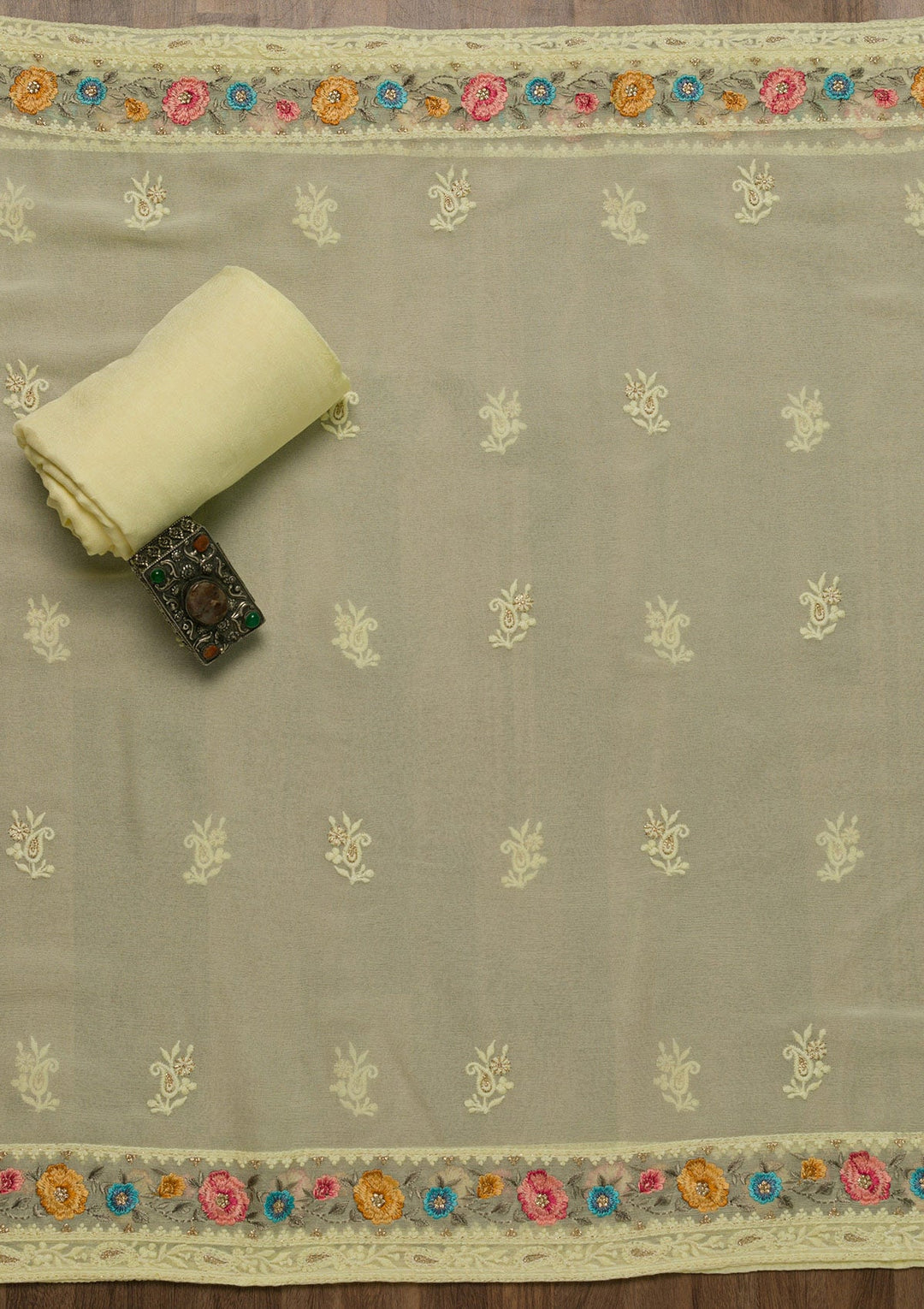Lemon Yellow Threadwork Georgette Unstitched Salwar Suit-Koskii